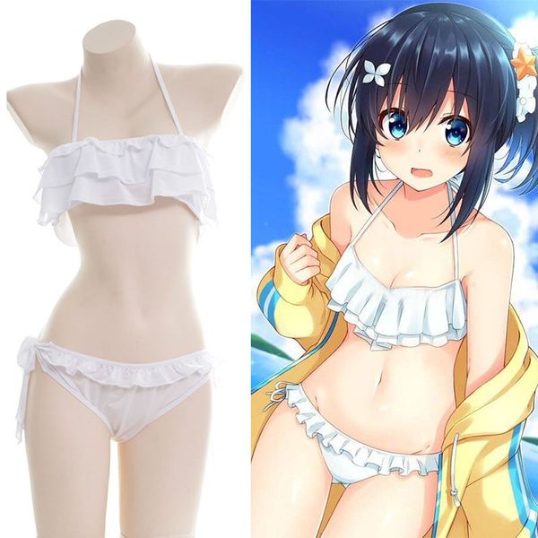 Japonesa Menina Anime Sexy Cosplay Ruffle Biquini Branco Translúcido Sukumizu Swimsuit Adulto Wet Look Papel Trajes