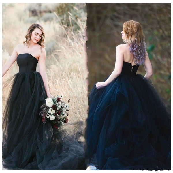 Vestidos De Casamento País Gótico preto Strapless Boho Vestidos De Casamento Queda De Tule Rendas Até Vintage Boêmio Vestido De Noiva Barato Hochzeitskleider