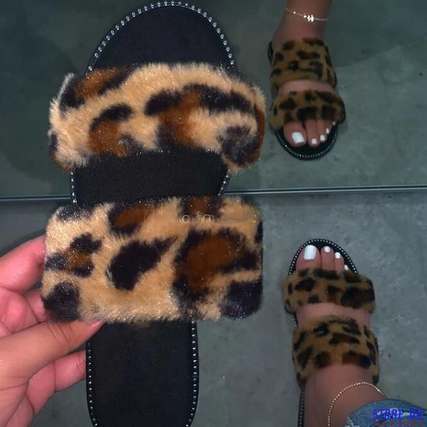 

women slipper fashion fur slippers leopard pink sandals female luxury slides 2020 flat with party evening slippers, Black