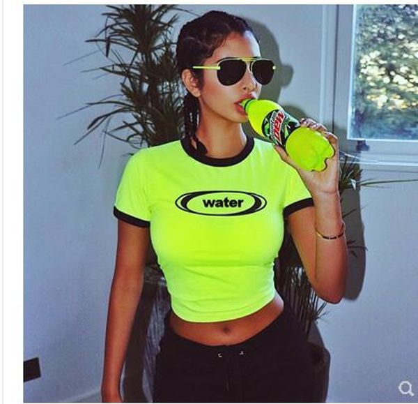 

new european design women's neon green color letter print short sleeve crop high waist up-navel t-shirt s  l, White