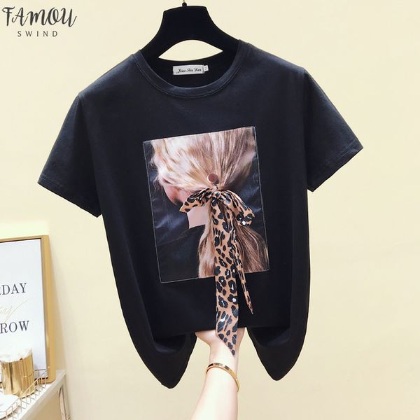 

korea white t shirt women clothes o neck summer short sleeve appliques vintage tshirt casual black tee shirt femme