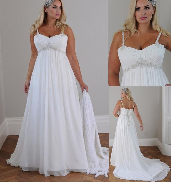 

elegant spaghetti straps beaded chiffon floor length empire waist elegant bridal gownse plus size casual beach wedding dresses, White