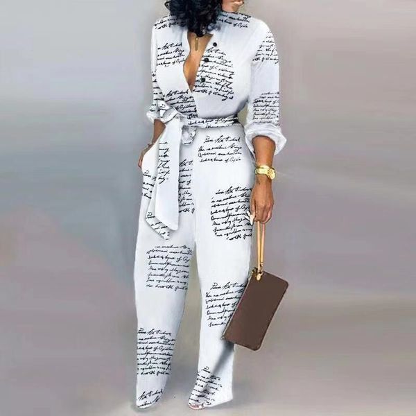 

women jumpsuits letter print knotted long sleeve play suit overall office work business elegant plus size autumn jumpsuits new, Black;white
