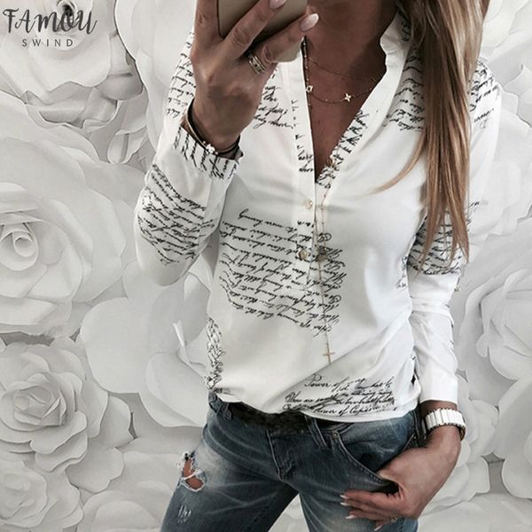 

2020 autumn women shirts letters printed blouse fashion white blusas button v neck casual half long sleeve shirts blusas