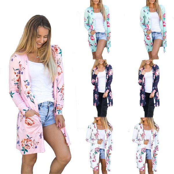

women's knits & tees autumn long cardigans 2021 fashion womens flower print coat casual sleeve blue pink female v neck cardigan plus si, White