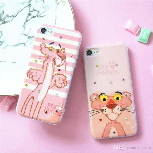 

sales luxury cartoon pink solf silicone cover diamond pink leopard pattern phone case for iphone 6 6s 7 8 plus x 10 back cover capa