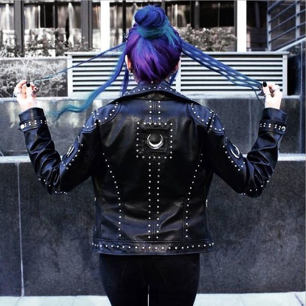 

england style retro rivet beading pu leather locomotive jacket female street style fashion ins leather jackets wq2438 dropship, Black