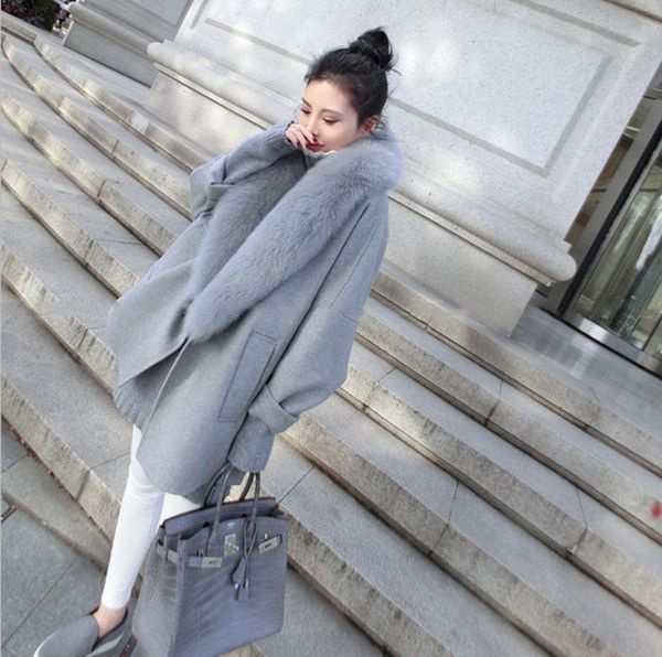 

2019 woolen coat women korean version of the autumn cardigan caot shirt gray large fur collar winter elegant woolen windbreaker, Black