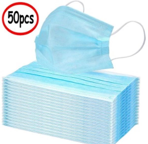 

in stock fda ce certificate 50pcs disposable 3-layer masks, anti dust breathable disposable earloop mouth face mask, comfortable mask blue