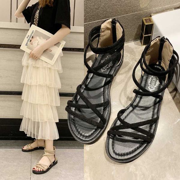 

women's strappy sandals students fashion cross strap flat sandals, Black