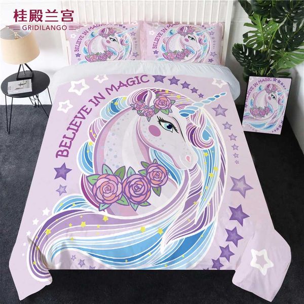 

gridilango cartoon unicorn floral bedding set printed colorful pink purple duvet cover set bedclothes 3pcs for kids dropshipping