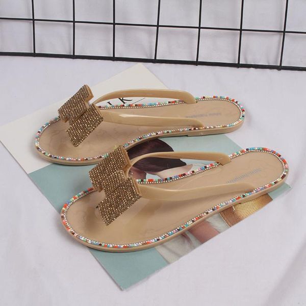

summer women bohemian crystal bow flat heels sandals 2020 summer women clip toe flip flops soft shoes white beach slippers, Black