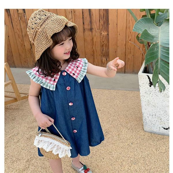 

turn down pattern button baby girls summer denim dress 2020 kids clothes girl jeans party dress children a-line robe fille, Red;yellow