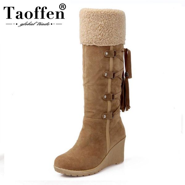 

taoffen ladies snow warm boots women wedges knee-high back strap boots female cotton platform botas footwear shoes size 34-43, Black