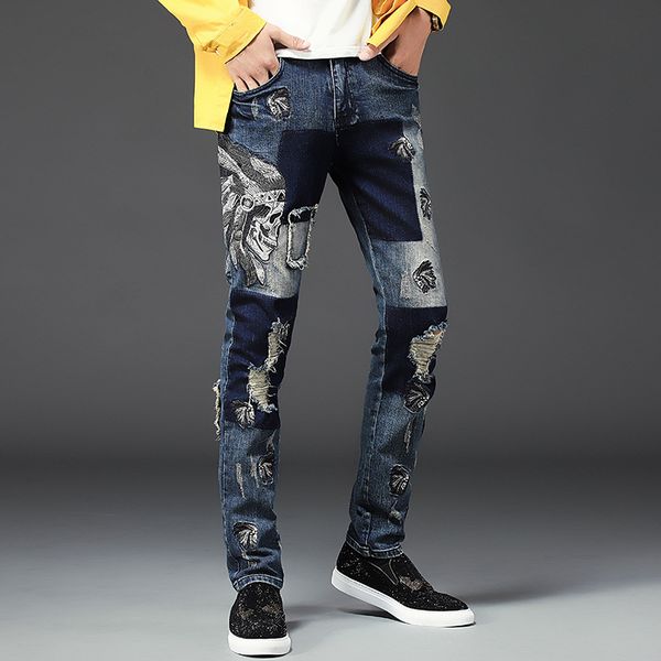 

new fashon brand skull embroidery holes men slim straight jeans blue stretch cotton denim ripped patch fashion pants