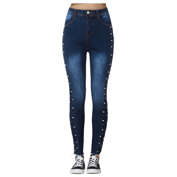 

women flare skinny pencil pearl pants high waist jeans button drawstring waist bell bottom denim washed pants femaledgh3, Blue
