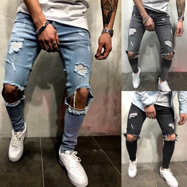 

men denim black jeans slim ripped hole jeans fashion hip hop skinny pencil for men high street wear stretch homme, Blue
