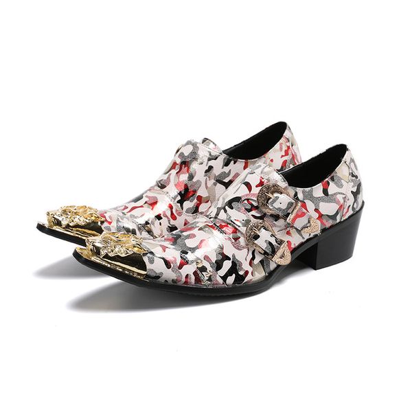 

fashion camouflage handmade men shoes mid heel pointed toe buckle party men dress shoes genuine leather business oxford shoes, Black