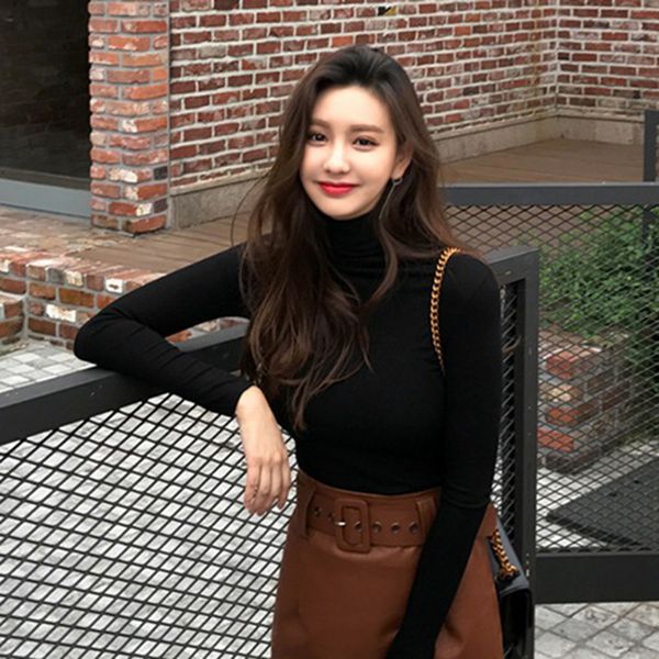 

autumn womens long sleeve turtleneck stretch slim casual bottoming blouse, White