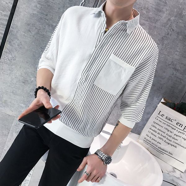 

new splicing design men shirt luxury stripe one pockets three quarter sleeve mens dress shirts summer batwing sleeve mens shirts, White;black