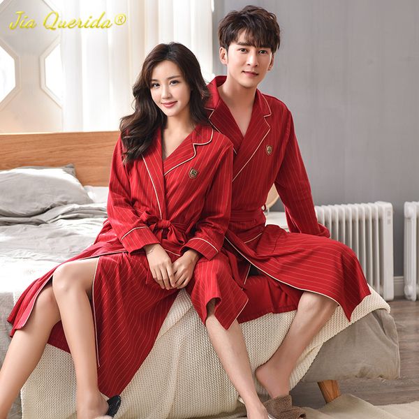 

couple's robes chinese red 100% cotton long sleeved bathrobe luxury striped jujube red plus size couple kimono, Black;brown
