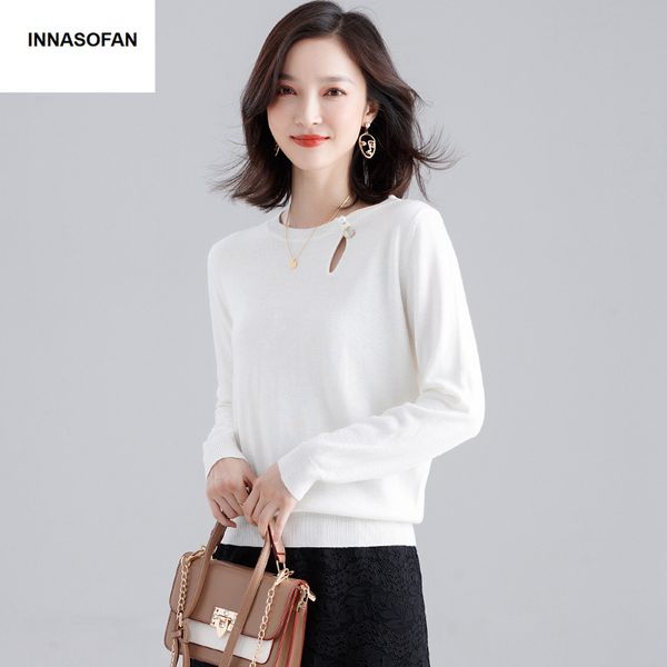 

innasofan sweater women autumn winter knitted long-sleeved sweater euro-american fashion chic elegant solid color, White;black