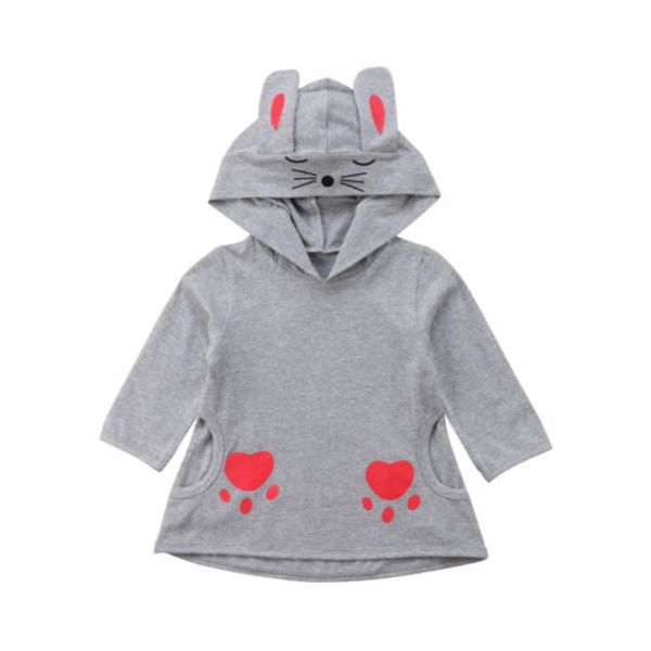 

1-4y pretty cute toddler baby girls autumn dress cartoon print hooded long sleeve grey cotton straight knee-length dress, Red;yellow