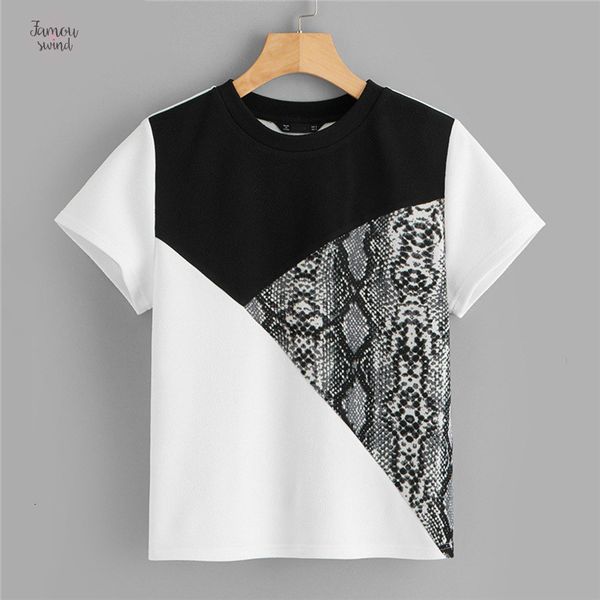 

snakeskin print shirts colorblock short sleeve tee fashion summer tees 2019 casual women style t drop shipping, White
