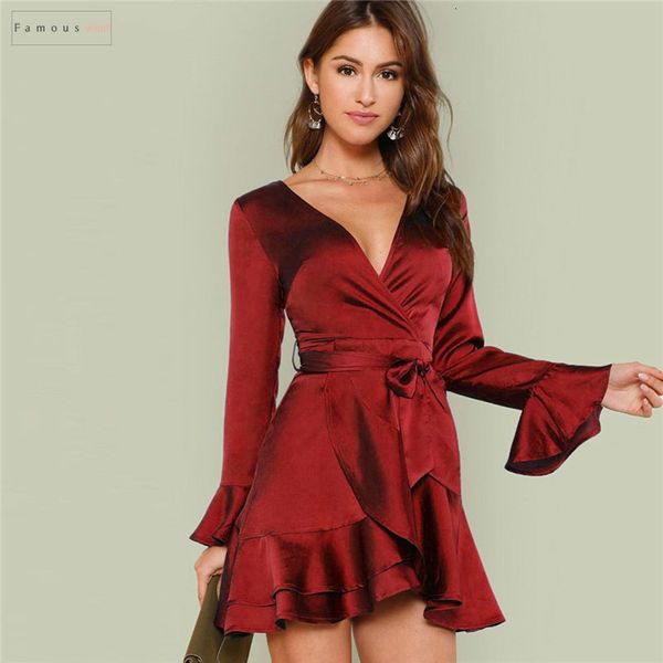 

burgundy dress party solid split back ruffle elegant trim overlap front cut out belted autumn long sleeve women, Black;gray