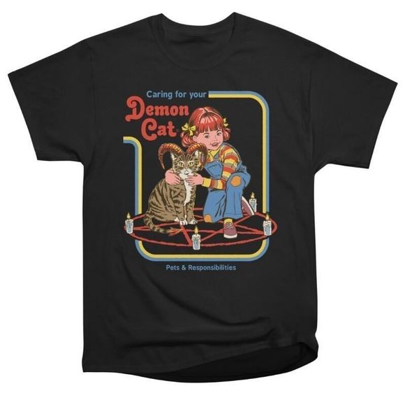 

hahayule caring for your demon cat 70s retro style black t-shirt funny cat printed tee hipsters goth grunge y19060601, White