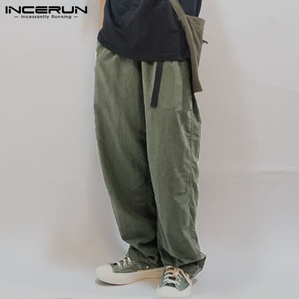 

incerun мужчины широкие ноги штаны твердых сыпучих streetwear пояс хлопок joggers длинные брюки harajuku винтажные повседневный брюки мужчин, Black