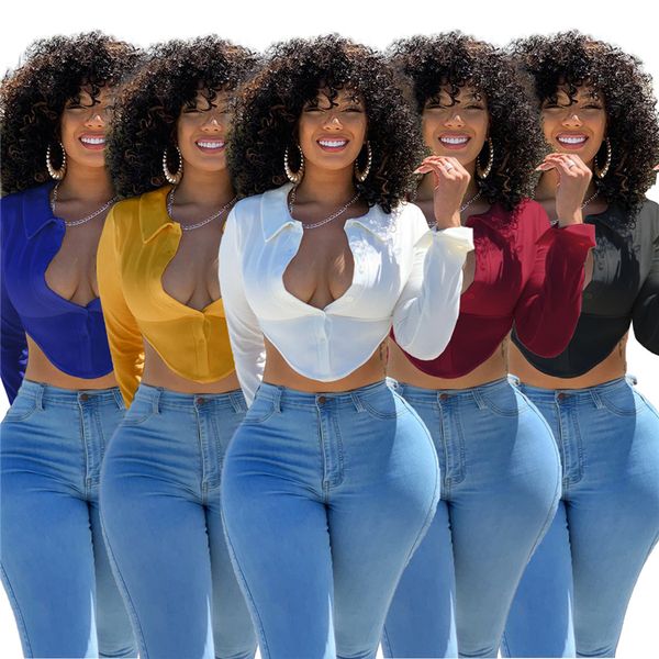 

spring summer long sleeves solid color blouse turn down button collar v-neck irregular short shirt for women, White