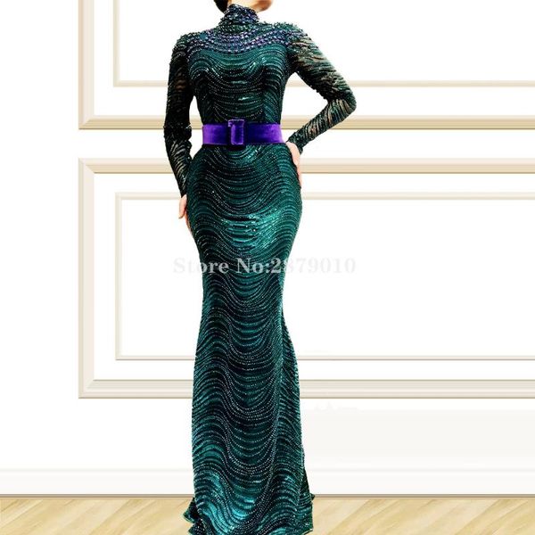 

dubai 2020 luxury sequins high neck evening sash dresses prom dress 2020 green sparkle evening gowns formal celebrity dress, White;black