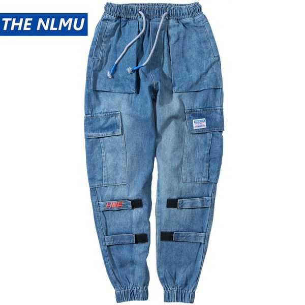 

men vintage fashion patchwork denim pant streetwear hip hop cargo pant male jeans harem trousers blue 2019 wb50