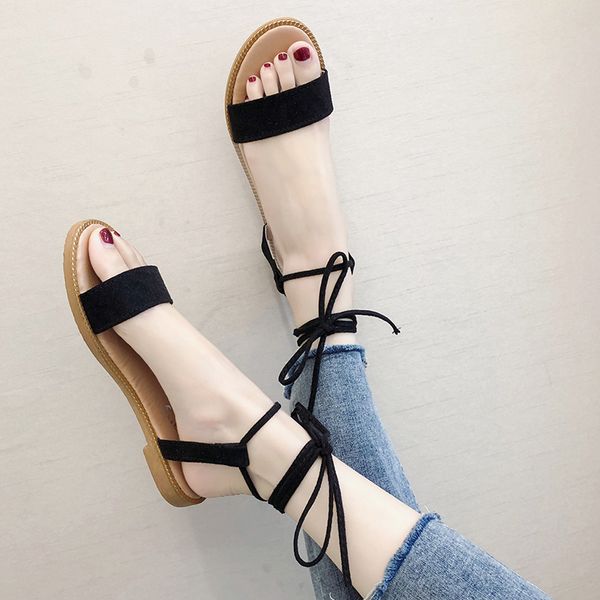 

summer roman sandals women's ankle strap sandals flock women flip flops ladies womens casual shoes, Black