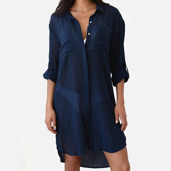 

beach women cover up robe shirts blouses swimsuit long sleeve loose casual lady shirt 2019 summer female beachwear, White