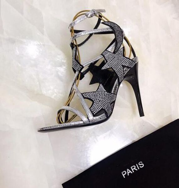 

orignal box] new womens high heels .5cm sandals ladies slingbacks snakeskin bandage star diamond shoes 35-41, Black