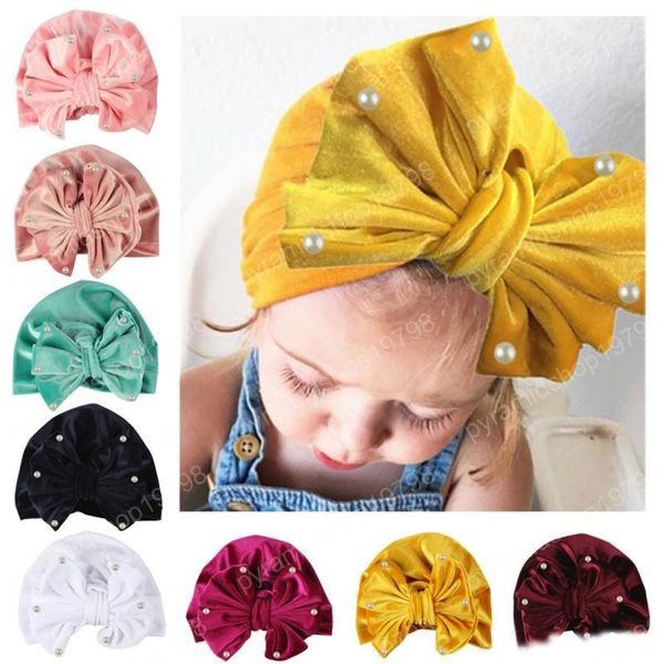 

toddler hats newborn baby beanie hat for baby girl pearls pleuche knotted hat warm bow beanie headwear cap summer turban baby, Yellow