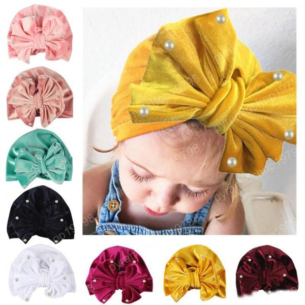 criança chapéus Bebê recém-nascido chapéu gorro para pérolas do bebé Pleuche atado Hat Quente Bow Headwear Cap Beanie turbante verão bebê