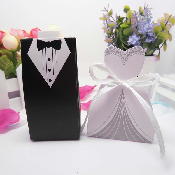 

100pcs bride dress groom suit candy gift boxes case ribbon diy party supplies