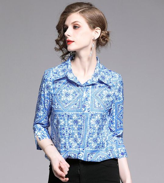 

blue and white porcelain printed women blouses 3/4 sleeve summer shirts lapel neck fashion ladies shirts