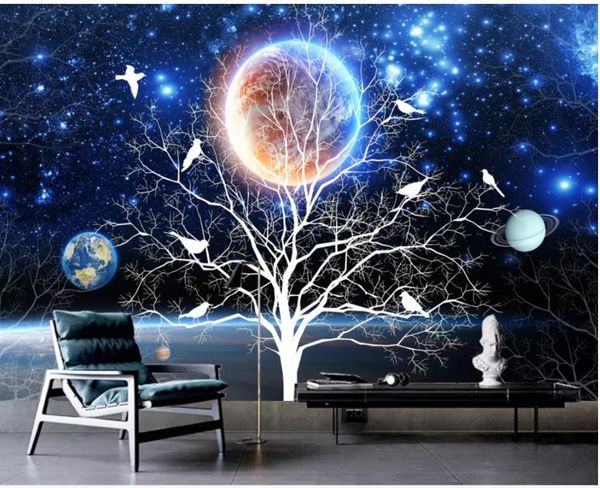 

new chinese abstract fantasy beautiful starry flowers and birds tv background wall