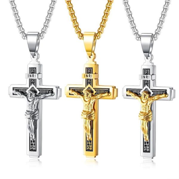 

gnayy choose color stainless steel mens cross jesus pendant necklace rolo chain 24 inch cool holiday gifts jewelry, Silver