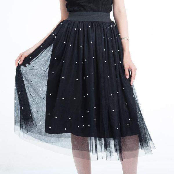 

skirts petticoat 3 layer 75cm beaded midi skirt women vintage elastic high waist tulle mesh long pleated tutu female, Black