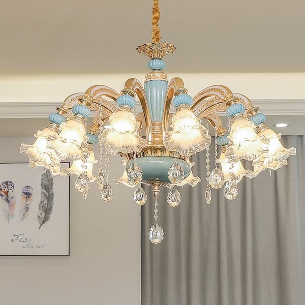 European Style Living Room Chandelier Luxury Crystal Lamp Atmosphere Bedroom Restaurant Gold Chandelier Lighting Blue Ceramic Pendant Lamps Chandelier