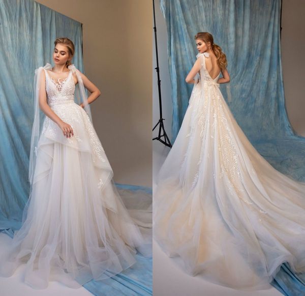 

2020 bohemian wedding dresses v neck straps a line backless lace appliques robe de mariee beach boho wedding dress bridal gowns, White