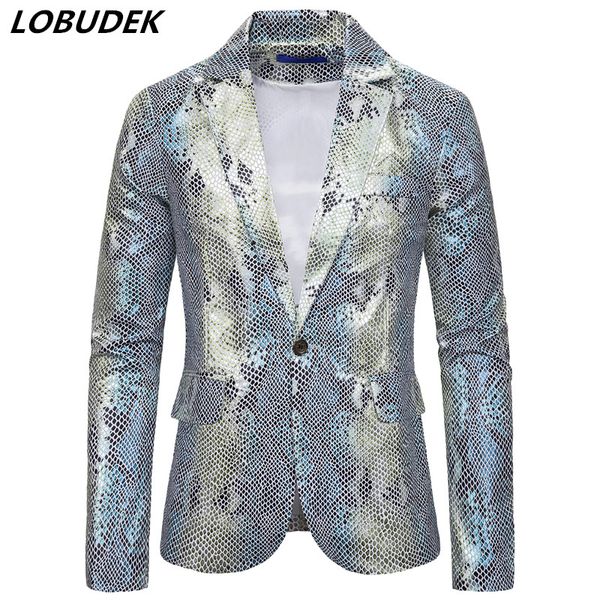 

bar nightclub stage dj men singer blazers silver green snake pattern blazer slim fit casual coat fish scale printing jacket thin, White;black