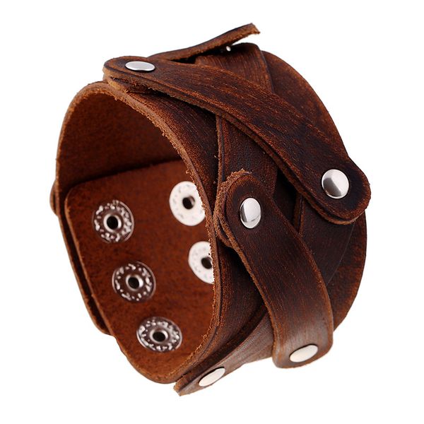 

wide genuine mens leather bracelet bangle cuff brown, Golden;silver