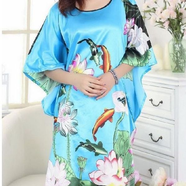 

new arrival light blue female faux silk nightwear stylish fashion lounge dress soft home wear flower kimono gown, Black;red