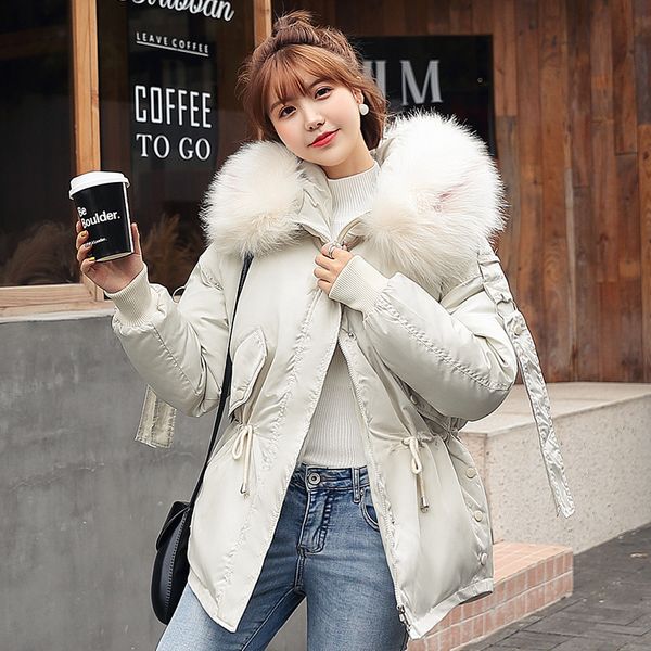 

2019 winter jacket for women thicken warm hooded jacket coat casual big fur collar outwear collect waist parka m-2xl, Black